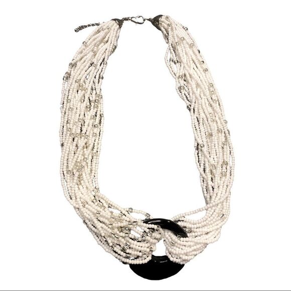 Vintage Chunky Seed Bead Multi Strand White Statement Necklace Black Pendant - Picture 3 of 5